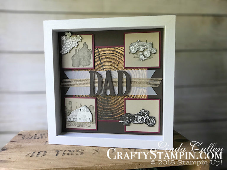 Stamp It Group 2018 Father's Day Blog Hop | Stampin Up Demonstrator Linda Cullen | Crafty Stampin’ | Purchase your Stampin’ Up Supplies | Heartland Stamp Set | One Wild Ride Stamp Set | Tuscan Vinyard stamp set | Wood Words Designer Series Paper | Large Letters Framelits Dies | Burlap Ribbon