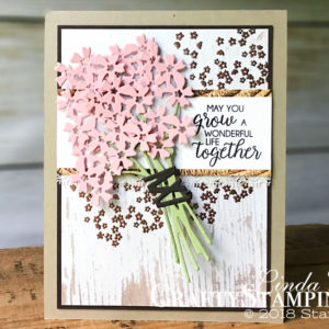 Coffee & Crafts Class: Beautiful Bouquet Wedding Card | Stampin Up Demonstrator Linda Cullen | Crafty Stampin’ | Purchase your Stampin’ Up Supplies | Beautiful Bouquet Stamp Set | Bouquet bunch Framelits Dies | Wood Texture Designer Series Paper | Copper Embossing Powder