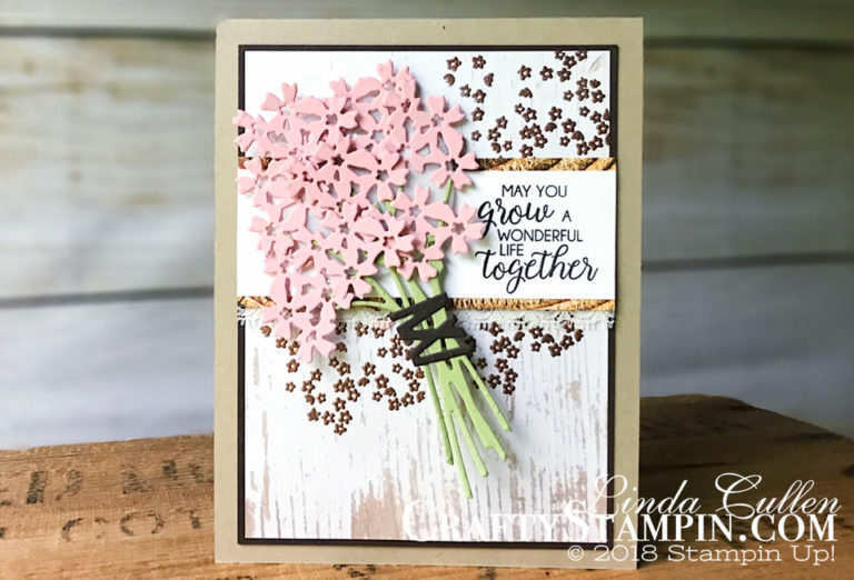 Coffee & Crafts Class: Beautiful Bouquet Wedding Card | Stampin Up Demonstrator Linda Cullen | Crafty Stampin’ | Purchase your Stampin’ Up Supplies | Beautiful Bouquet Stamp Set | Bouquet bunch Framelits Dies | Wood Texture Designer Series Paper | Copper Embossing Powder