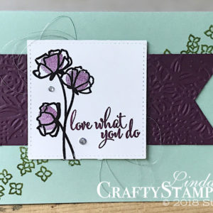 Love What You Do - Blackberry Bliss Banner | Stampin Up Demonstrator Linda Cullen | Crafty Stampin’ | Purchase your Stampin’ Up Supplies | Love What You Do Stamp Set | Petal Pair Embossing Folder | Stitched Shapes Framelits Dies | Rhinestones