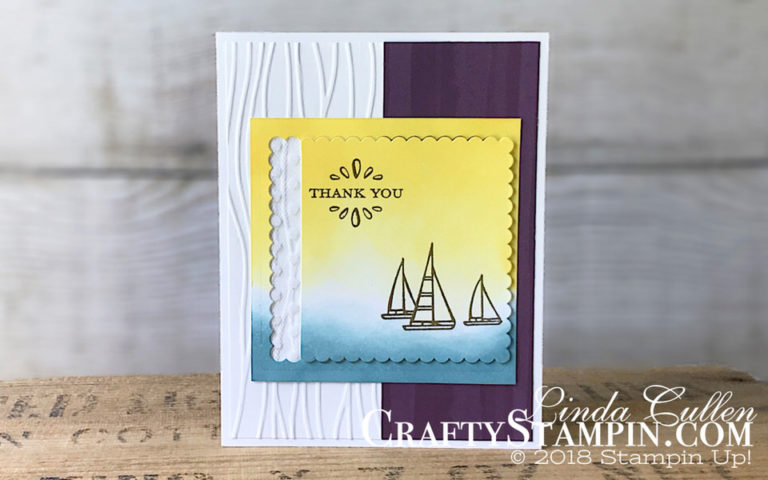 Lilypad Lake Scallop Boats | Stampin Up Demonstrator Linda Cullen | Crafty Stampin’ | Purchase your Stampin’ Up Supplies | Lilypad Lake Stamp Set | Detailed with Love Stamp Set | Lakeside Framelits Dies | Layering Squares Framelits Dies | Nature’s Poem Designer Series Paper | Whisper White 5/8” Polka Dot Tulle Ribbon | Seaside Textured Embossing Folder