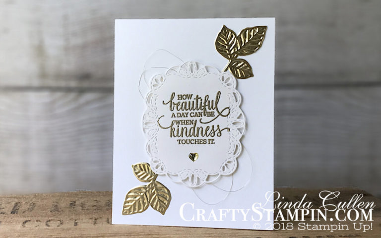 Gold Enjoy Life | Stampin Up Demonstrator Linda Cullen | Crafty Stampin’ | Purchase your Stampin’ Up Supplies | Enjoy Life Stamp Set | Nature’s Root Framelits Dies | Stitched Labels Framelits | Gold Metallic Thread