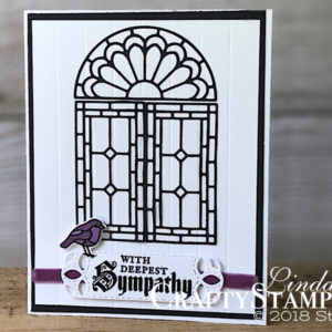 Painted Glass Sympathy | Stampin Up Demonstrator Linda Cullen | Crafty Stampin’ | Purchase your Stampin’ Up Supplies | Painted Glass Stamp Set | Stained Glass Thinlits Dies | Stitched Labels Framelits | Stampin Blends | Rich Razzleberry 1/4” Velvet Ribbon