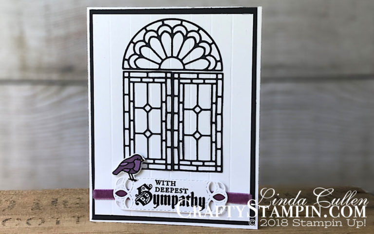 Painted Glass Sympathy | Stampin Up Demonstrator Linda Cullen | Crafty Stampin’ | Purchase your Stampin’ Up Supplies | Painted Glass Stamp Set | Stained Glass Thinlits Dies | Stitched Labels Framelits | Stampin Blends | Rich Razzleberry 1/4” Velvet Ribbon