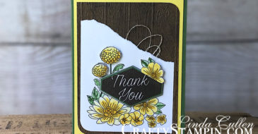 Pineapple Punch Accented Blooms | Stampin Up Demonstrator Linda Cullen | Crafty Stampin’ | Purchase your Stampin’ Up Supplies | Accented Blooms Stamp Set | Detailed Trio Punch | Tailored Tag Punch | Pinewood Planks Dynamic Impressions Folder | Linen Thread