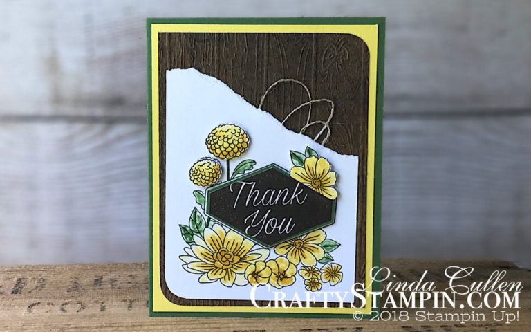 Pineapple Punch Accented Blooms | Stampin Up Demonstrator Linda Cullen | Crafty Stampin’ | Purchase your Stampin’ Up Supplies | Accented Blooms Stamp Set | Detailed Trio Punch | Tailored Tag Punch | Pinewood Planks Dynamic Impressions Folder | Linen Thread