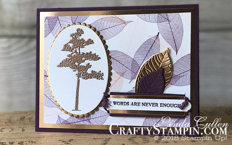 Rooted in Nature in Copper and Blackberry Bliss | Stampin Up Demonstrator Linda Cullen | Crafty Stampin’ | Purchase your Stampin’ Up Supplies | Rooted in Nature Stamp Set | Nature’s Poem Designer Series Paper | Nature’s Root Framelits Dies | Petals & More Thinlits Dies | Copper Foil Sheets