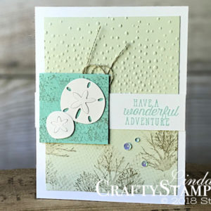 Sea of Texture Sand Dollar Adventure | Stampin Up Demonstrator Linda Cullen | Crafty Stampin’ | Purchase your Stampin’ Up Supplies | Sea of Texture Stamp Set | Under the Sea Framelits Dies | Softly Falling embossing folder | Basic Adhesives Backed Sequins | Linen Thread