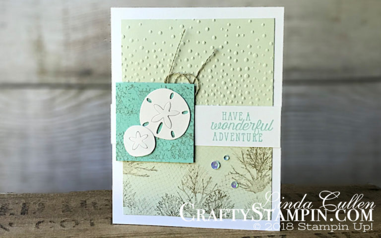 Sea of Texture Sand Dollar Adventure | Stampin Up Demonstrator Linda Cullen | Crafty Stampin’ | Purchase your Stampin’ Up Supplies | Sea of Texture Stamp Set | Under the Sea Framelits Dies | Softly Falling embossing folder | Basic Adhesives Backed Sequins | Linen Thread