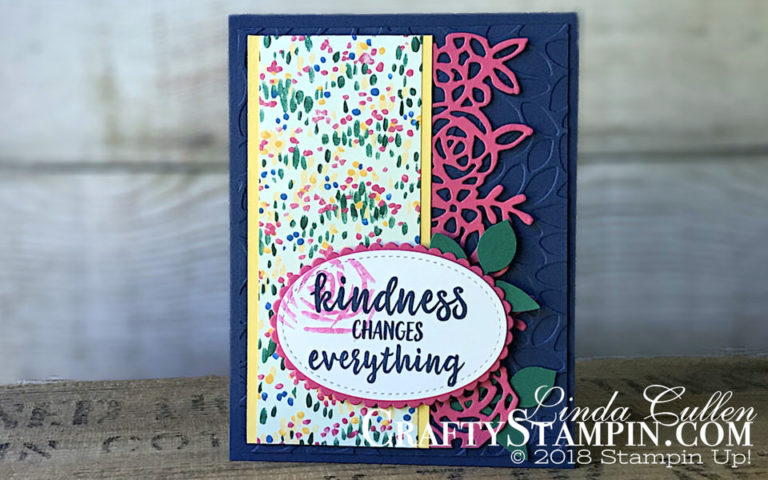 Coffee & Crafts Class: Springtime Impressions Border | Stampin Up Demonstrator Linda Cullen | Crafty Stampin’ | Purchase your Stampin’ Up Supplies | Abstract Impressions Stamp Set | Springtime Impressions Framelits Dies | Garden Impressions Designer Series Paper | Petal Burst Embossing Folder | Leaf Punch