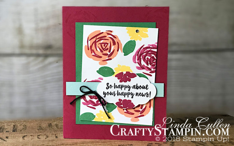 Abstract Impressions Lovely Lipstick | Stampin Up Demonstrator Linda Cullen | Crafty Stampin’ | Purchase your Stampin’ Up Supplies | Abstract Impressions Stamp Set | Pretty Label Punch | Basic Black Solid Baker’s Twine | Rhinestone Basic Jewels