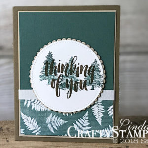Rooted in Nature Thinking of You | Stampin Up Demonstrator Linda Cullen | Crafty Stampin’ | Purchase your Stampin’ Up Supplies | Rooted In Nature Stamp Set | Nature’s Poem Designer Series Paper | Layering Circle Framelit Dies | Whisper White 3/8” Classic Weave Ribbon