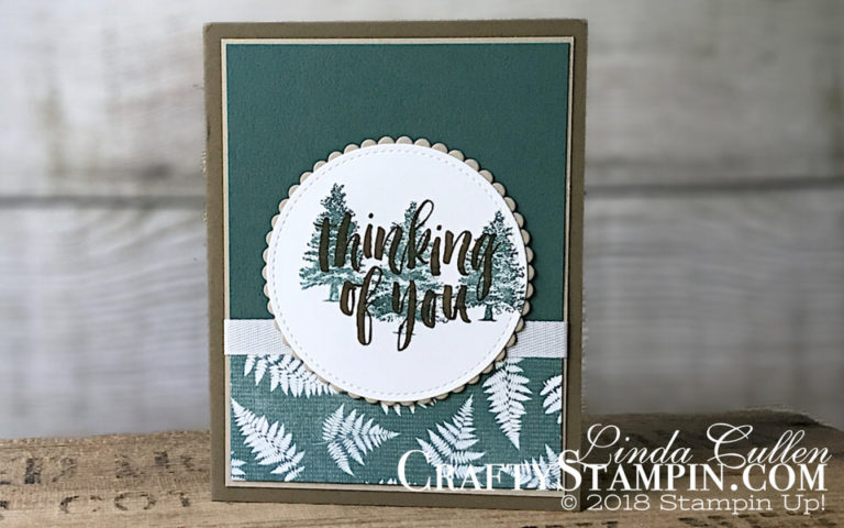 Rooted in Nature Thinking of You | Stampin Up Demonstrator Linda Cullen | Crafty Stampin’ | Purchase your Stampin’ Up Supplies | Rooted In Nature Stamp Set | Nature’s Poem Designer Series Paper | Layering Circle Framelit Dies | Whisper White 3/8” Classic Weave Ribbon