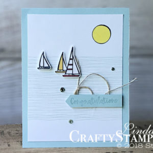 Lilypad Lake - Sailing Congratulations | Stampin Up Demonstrator Linda Cullen | Crafty Stampin’ | Purchase your Stampin’ Up Supplies | Lilypad Lake Stamp Set | Lakeside Framelits | Linen Thread | Rhinestone Basics