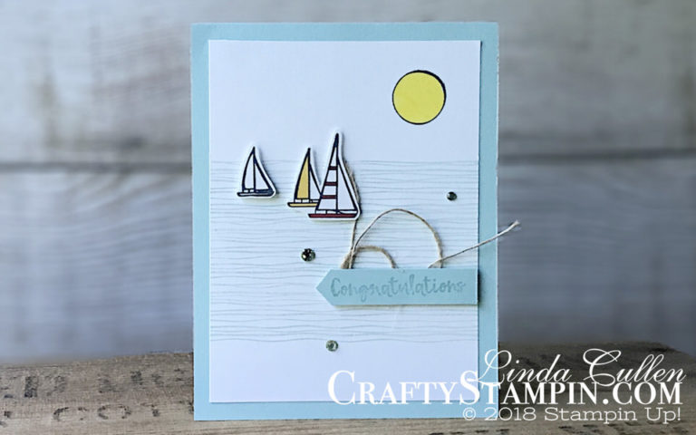 Lilypad Lake - Sailing Congratulations | Stampin Up Demonstrator Linda Cullen | Crafty Stampin’ | Purchase your Stampin’ Up Supplies | Lilypad Lake Stamp Set | Lakeside Framelits | Linen Thread | Rhinestone Basics
