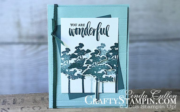 Rooted In Nature - Tranquil Trees | Stampin Up Demonstrator Linda Cullen | Crafty Stampin’ | Purchase your Stampin’ Up Supplies | Rooted in Nature Stamp Set | Nature’s Roots Framelits | Pinewood Planks Dynamic Impressions Folder | Metallic Ribbon Combo Pack | Wink of Stella