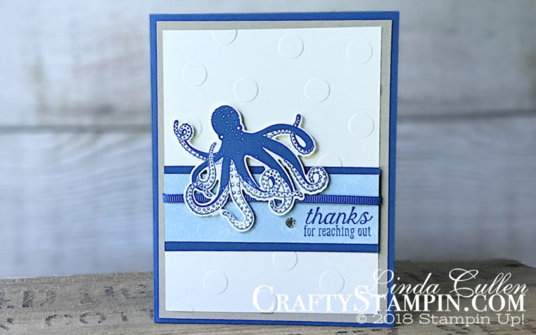 Sea of Texture Blueberry Bushel Octopus | Stampin Up Demonstrator Linda Cullen | Crafty Stampin’ | Purchase your Stampin’ Up Supplies | Sea of Texture Stamp Set | Under the Sea Framelit Dies | Polka Dot Basic Embossing Folder | Tranquil Textures Designer Series Paper