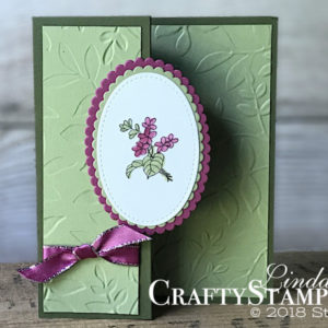 In Every Season Z-Fold | Stampin Up Demonstrator Linda Cullen | Crafty Stampin’ | Purchase your Stampin’ Up Supplies | In Every Season Stamp Set | Layered Leaves Dynamic Texture Impressions Embossing Folder | Berry Burst 3/8” Metallic-Edge Ribbon
