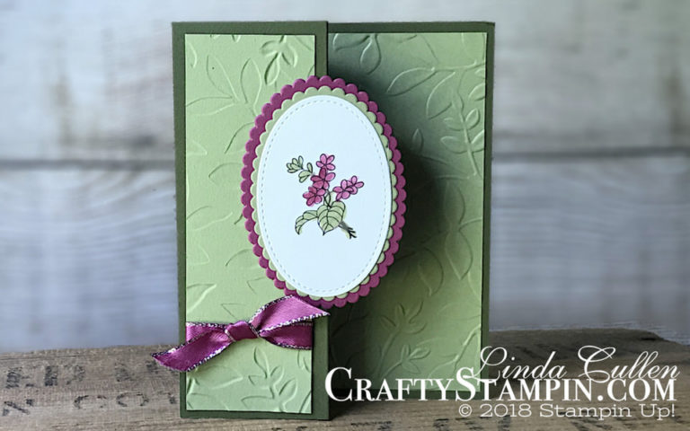 In Every Season Z-Fold | Stampin Up Demonstrator Linda Cullen | Crafty Stampin’ | Purchase your Stampin’ Up Supplies | In Every Season Stamp Set | Layered Leaves Dynamic Texture Impressions Embossing Folder | Berry Burst 3/8” Metallic-Edge Ribbon