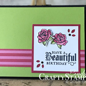 Painted Glass Beautiful Birthday | Stampin Up Demonstrator Linda Cullen | Crafty Stampin’ | Purchase your Stampin’ Up Supplies | Painted Glass Stamp Set | 2018-2020 In Color Designer Series Paper | Stained Glass Thinlits | Detailed Trio Punch | Wink of Stella