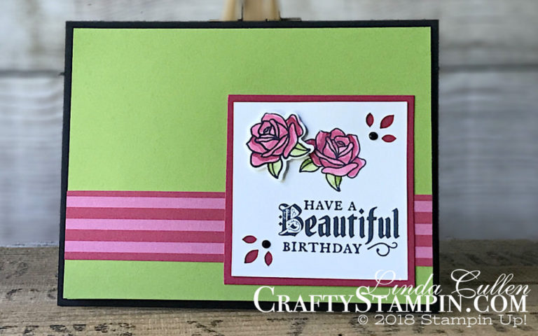 Painted Glass Beautiful Birthday | Stampin Up Demonstrator Linda Cullen | Crafty Stampin’ | Purchase your Stampin’ Up Supplies | Painted Glass Stamp Set | 2018-2020 In Color Designer Series Paper | Stained Glass Thinlits | Detailed Trio Punch | Wink of Stella