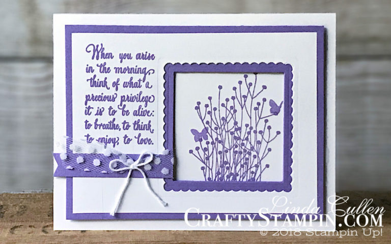 Enjoy Life Precious Privilege | Stampin Up Demonstrator Linda Cullen | Crafty Stampin’ | Purchase your Stampin’ Up Supplies | Enjoy Life Stamp Set | Whisper White Polka Dot Tulle Ribbon | Layering Squares Framelits