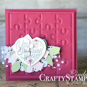 Coffee & Crafts Class: Missing Pieces - Catalog CASE | Stampin Up Demonstrator Linda Cullen | Crafty Stampin’ | Purchase your Stampin’ Up Supplies | Love You To Pieces Stamp Set | Puzzle Pieces Thinlits | Leaf Punch | Whisper White Polka Dot Tulle Ribbon | Big Shot Embossing Mat