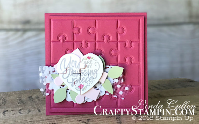 Coffee & Crafts Class: Missing Pieces - Catalog CASE | Stampin Up Demonstrator Linda Cullen | Crafty Stampin’ | Purchase your Stampin’ Up Supplies | Love You To Pieces Stamp Set | Puzzle Pieces Thinlits | Leaf Punch | Whisper White Polka Dot Tulle Ribbon | Big Shot Embossing Mat