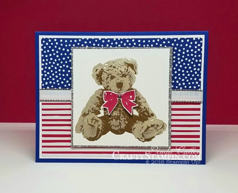 Happy 4th of July - Patriotic Baby Bear | Stampin Up Demonstrator Linda Cullen | Crafty Stampin’ | Purchase your Stampin’ Up Supplies | Baby Bear Stamp Set | Silver 3/8” Metallic Edge Ribbon | In Color 2018 - 2020 Designer Series Paper