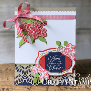 Crazy Crafters Blog Hop w/ Special Guest.....Me!!!! | Stampin Up Demonstrator Linda Cullen | Crafty Stampin’ | Purchase your Stampin’ Up Supplies | Floral Frames Stamp Set | Treat Time Stamp Set | Delicate Lace Edgelits Dies | Stitched Shapes Framelits Dies | Foliage Frame Framelits Dies | Decorative Ribbon Border Punch | Darling Label Punch | Poppy Parade 1/4 Mini Striped Ribbon