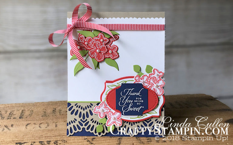 Crazy Crafters Blog Hop w/ Special Guest.....Me!!!! | Stampin Up Demonstrator Linda Cullen | Crafty Stampin’ | Purchase your Stampin’ Up Supplies | Floral Frames Stamp Set | Treat Time Stamp Set | Delicate Lace Edgelits Dies | Stitched Shapes Framelits Dies | Foliage Frame Framelits Dies | Decorative Ribbon Border Punch | Darling Label Punch | Poppy Parade 1/4 Mini Striped Ribbon