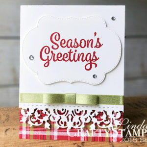 Coffee & Crafts Class: Snowflake Sentiments with Delicate Lace Edgelits | Stampin Up Demonstrator Linda Cullen | Crafty Stampin’ | Purchase your Stampin’ Up Supplies | Snowflake Sentiments Stamp Set | Under the Mistletoe Designer Series Paper | Delicate Lace Edgelits | Stitched Seasons Framelits Dies | Pear Pizzaz 3/8 Shimmer Ribbon