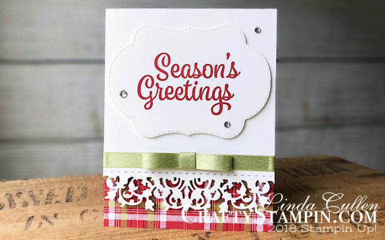 Coffee & Crafts Class: Snowflake Sentiments with Delicate Lace Edgelits | Stampin Up Demonstrator Linda Cullen | Crafty Stampin’ | Purchase your Stampin’ Up Supplies | Snowflake Sentiments Stamp Set | Under the Mistletoe Designer Series Paper | Delicate Lace Edgelits | Stitched Seasons Framelits Dies | Pear Pizzaz 3/8 Shimmer Ribbon