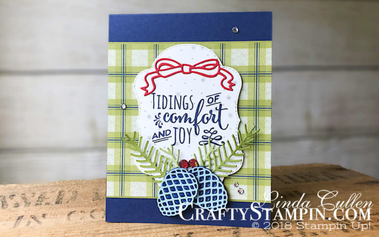 Christmas Pines Comfort and Joy | Stampin Up Demonstrator Linda Cullen | Crafty Stampin’ | Purchase your Stampin’ Up Supplies | Christmas Pines Stamp Set | Stitched Seasons Framelits Dies | Pretty Pines Thinlits Dies | Stampin Blends | Under the Mistletoe Designer Series Paper | Clear Faceted Gems