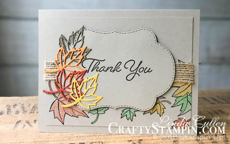 Blended Seasons Falling Leaves | Stampin Up Demonstrator Linda Cullen | Crafty Stampin’ | Purchase your Stampin’ Up Supplies | Blended Seasons Stamp Set | Stitched Seasons Framelits | 5/8 Burlap Ribbon | Watercolor Pencils Assortment 2