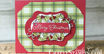 Blended Seasons Real Red Merry Christmas | Stampin Up Demonstrator Linda Cullen | Crafty Stampin’ | Purchase your Stampin’ Up Supplies | Blended Seasons Stamp Set | Stitched Seasons Framelits Dies | Under the Mistletoe Designer Series Paper | Champagne Foil | Red Rhinestone Basic Jewels | Wink of Stella Glitter Brush