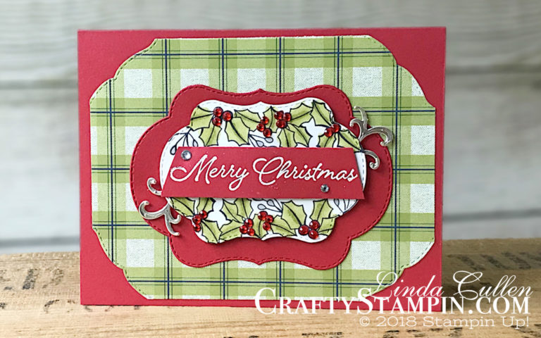 Blended Seasons Real Red Merry Christmas | Stampin Up Demonstrator Linda Cullen | Crafty Stampin’ | Purchase your Stampin’ Up Supplies | Blended Seasons Stamp Set | Stitched Seasons Framelits Dies | Under the Mistletoe Designer Series Paper | Champagne Foil | Red Rhinestone Basic Jewels | Wink of Stella Glitter Brush