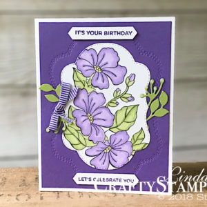 Blended Seasons Grape Birthday Flowers | Stampin Up Demonstrator Linda Cullen | Crafty Stampin’ | Purchase your Stampin’ Up Supplies | Blended Seasons Stamp Set | Stitched Seasons Framelits Dies | Stampin Blends | Gorgeous Grape 1/4 Mini Striped Ribbon