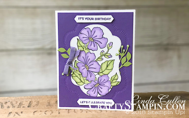 Blended Seasons Grape Birthday Flowers | Stampin Up Demonstrator Linda Cullen | Crafty Stampin’ | Purchase your Stampin’ Up Supplies | Blended Seasons Stamp Set | Stitched Seasons Framelits Dies | Stampin Blends | Gorgeous Grape 1/4 Mini Striped Ribbon