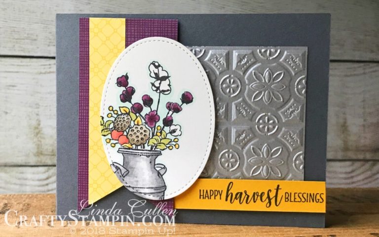 Coffee & Crafts Class: Country Home with Tin Tile | Stampin Up Demonstrator Linda Cullen | Crafty Stampin’ | Purchase your Stampin’ Up Supplies | Country Home Stamp Set | Country Lane Designer Series Paper | Galvanized Metallic Paper | Tin Tile Dynamic Embossing folder | Triple Banner Punch | Stampin Blends