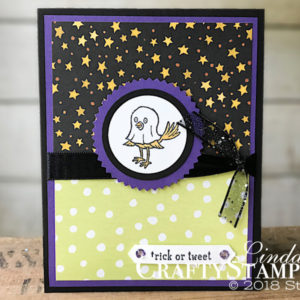 Trick or Tweet - Something Sweet | Stampin Up Demonstrator Linda Cullen | Crafty Stampin’ | Purchase your Stampin’ Up Supplies | Trick or Tweet Stamp Set | Starburst Punch | Toil & Trouble Designer Series Paper | Black 3/8” Glittered Organdy Ribbon