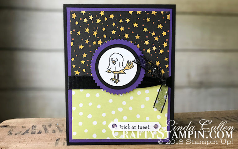 Trick or Tweet - Something Sweet | Stampin Up Demonstrator Linda Cullen | Crafty Stampin’ | Purchase your Stampin’ Up Supplies | Trick or Tweet Stamp Set | Starburst Punch | Toil & Trouble Designer Series Paper | Black 3/8” Glittered Organdy Ribbon