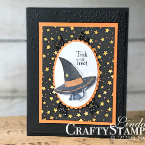 Cauldron Bubble Toil & Trouble Cat in Hat | Stampin Up Demonstrator Linda Cullen | Crafty Stampin’ | Purchase your Stampin’ Up Supplies | Cauldron Bubble Stamp Set | Toil & Trouble Designer Series Paper | Cauldron Framelits Dies | Wink of Stella | Softly Falling Embossing Folder