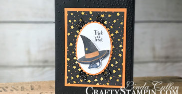 Cauldron Bubble Toil & Trouble Cat in Hat | Stampin Up Demonstrator Linda Cullen | Crafty Stampin’ | Purchase your Stampin’ Up Supplies | Cauldron Bubble Stamp Set | Toil & Trouble Designer Series Paper | Cauldron Framelits Dies | Wink of Stella | Softly Falling Embossing Folder