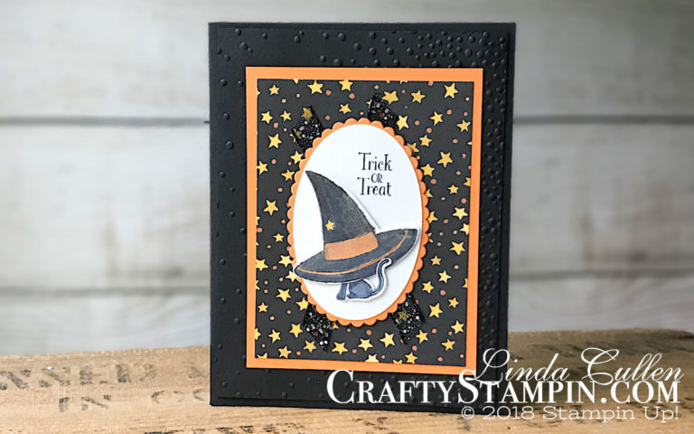 Cauldron Bubble Toil & Trouble Cat in Hat | Stampin Up Demonstrator Linda Cullen | Crafty Stampin’ | Purchase your Stampin’ Up Supplies | Cauldron Bubble Stamp Set | Toil & Trouble Designer Series Paper | Cauldron Framelits Dies | Wink of Stella | Softly Falling Embossing Folder