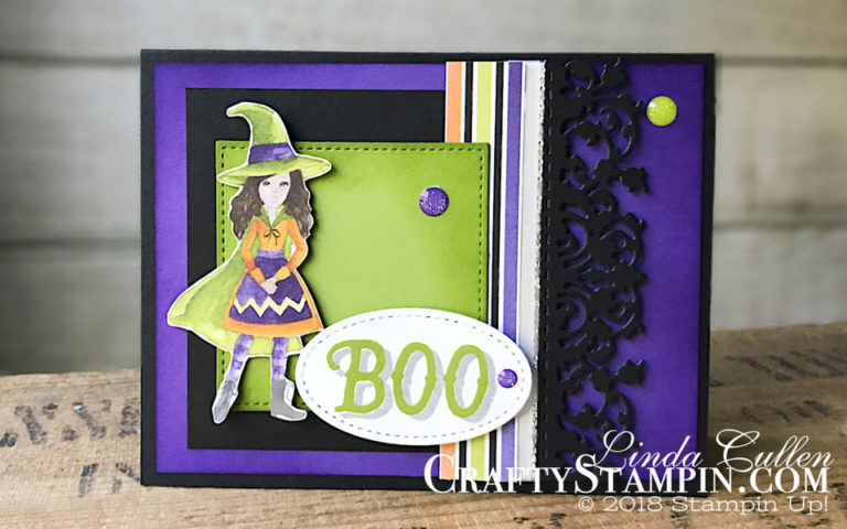 Stamp It Group 2018 Halloween Blog Hop | Stampin Up Demonstrator Linda Cullen | Crafty Stampin’ | Purchase your Stampin’ Up Supplies | Warm Hearted Stamp Set | Stitched Shapes Framelits | Delicate Lace Edgelits | Glitter Enamel | Toil & Trouble Designer Series Paper |