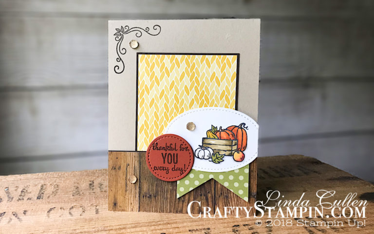 Coffee & Crafts Class: Many Blessings | Stampin Up Demonstrator Linda Cullen | Crafty Stampin’ | Purchase your Stampin’ Up Supplies | Many Blessings Stamp Set | Stampin Blends | Wood Texture Designer Series Paper | Country Lane Designer Series Paper | Stitched Shapes Framelits Dies | Banner Triple Punch | Gold Faceted Dots