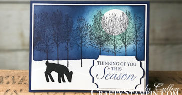 Coffee & Crafts Class: Night Winter Woods | Stampin Up Demonstrator Linda Cullen | Crafty Stampin’ | Purchase your Stampin’ Up Supplies | Winter Woods Stamp Set | Farmhouse Framelits | Detailed Deer Thinlits | Everyday Label Punch | Stampin Sponge |