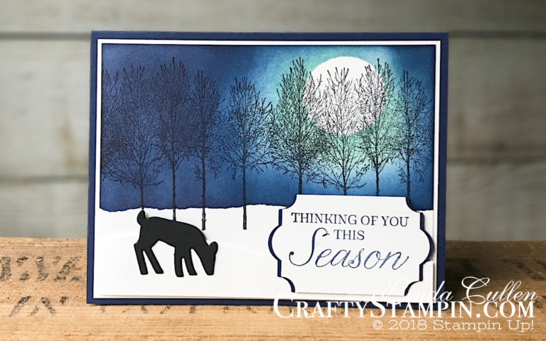 Coffee & Crafts Class: Night Winter Woods | Stampin Up Demonstrator Linda Cullen | Crafty Stampin’ | Purchase your Stampin’ Up Supplies | Winter Woods Stamp Set | Farmhouse Framelits | Detailed Deer Thinlits | Everyday Label Punch | Stampin Sponge |