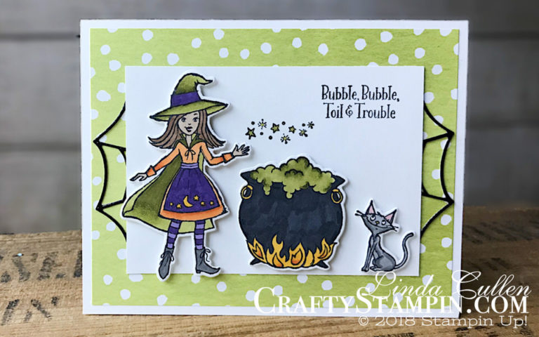 Cauldron Bubble - Toil & Trouble | Stampin Up Demonstrator Linda Cullen | Crafty Stampin’ | Purchase your Stampin’ Up Supplies | Cauldron Bubble Stamp Set | Toil & Trouble Designer Series Paper | Cauldron Framelits Dies | Black Foil Sheets | Stampin Blends | Wink of Stella